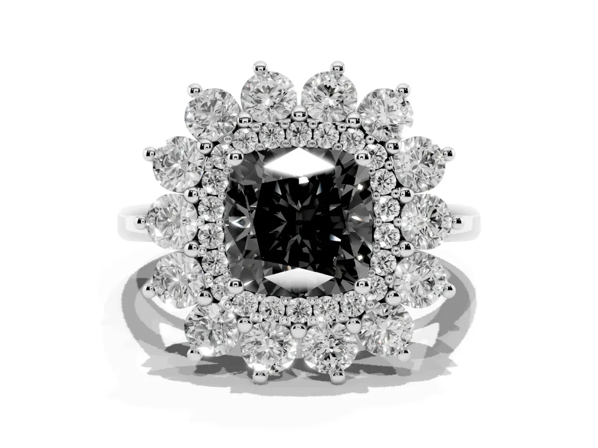 Fancy Black Cushion Cut Diamond Floral Double Halo Engagement Ring with Prong Setting Silver