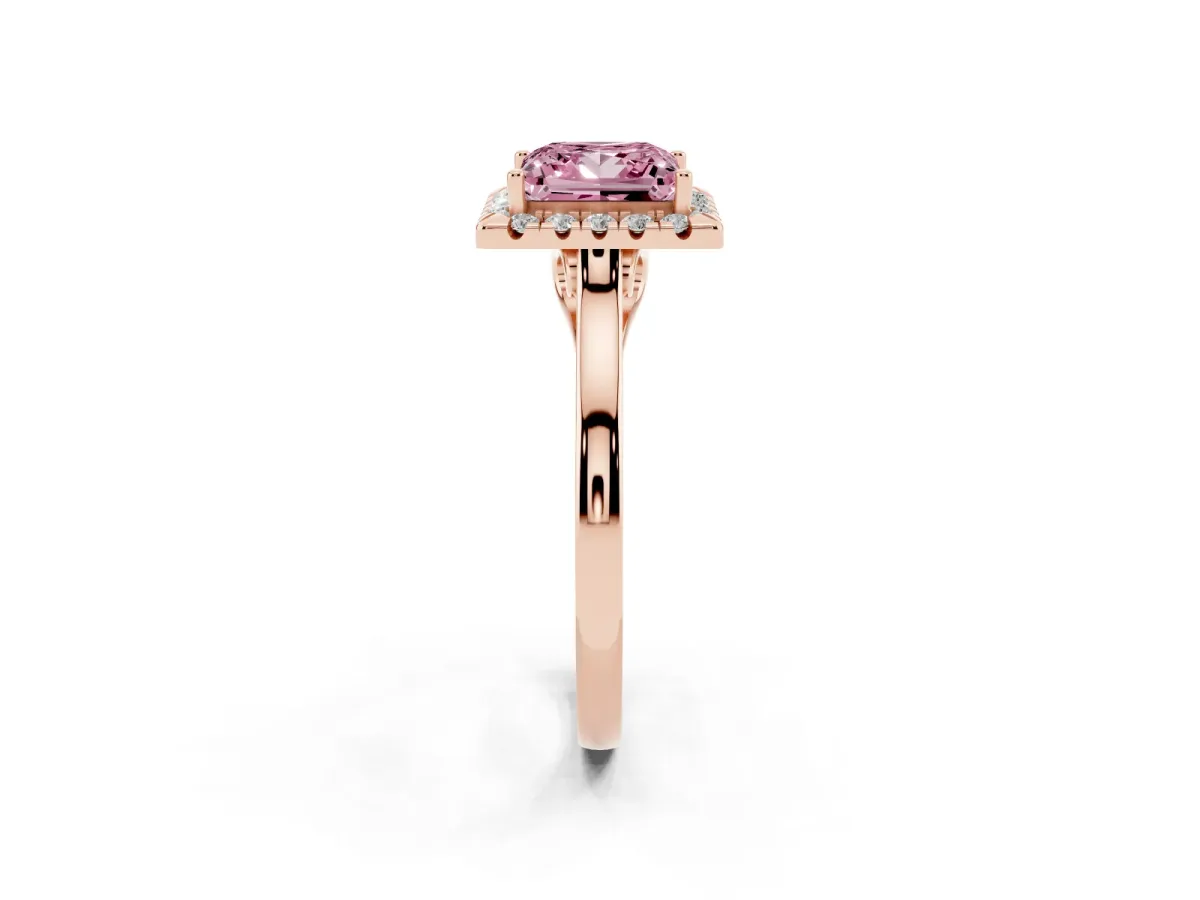 Fancy Pink Princess Cut Halo Round Diamond Solitaire Ring with Pavé Band and Four-Prong Setting Rose gold