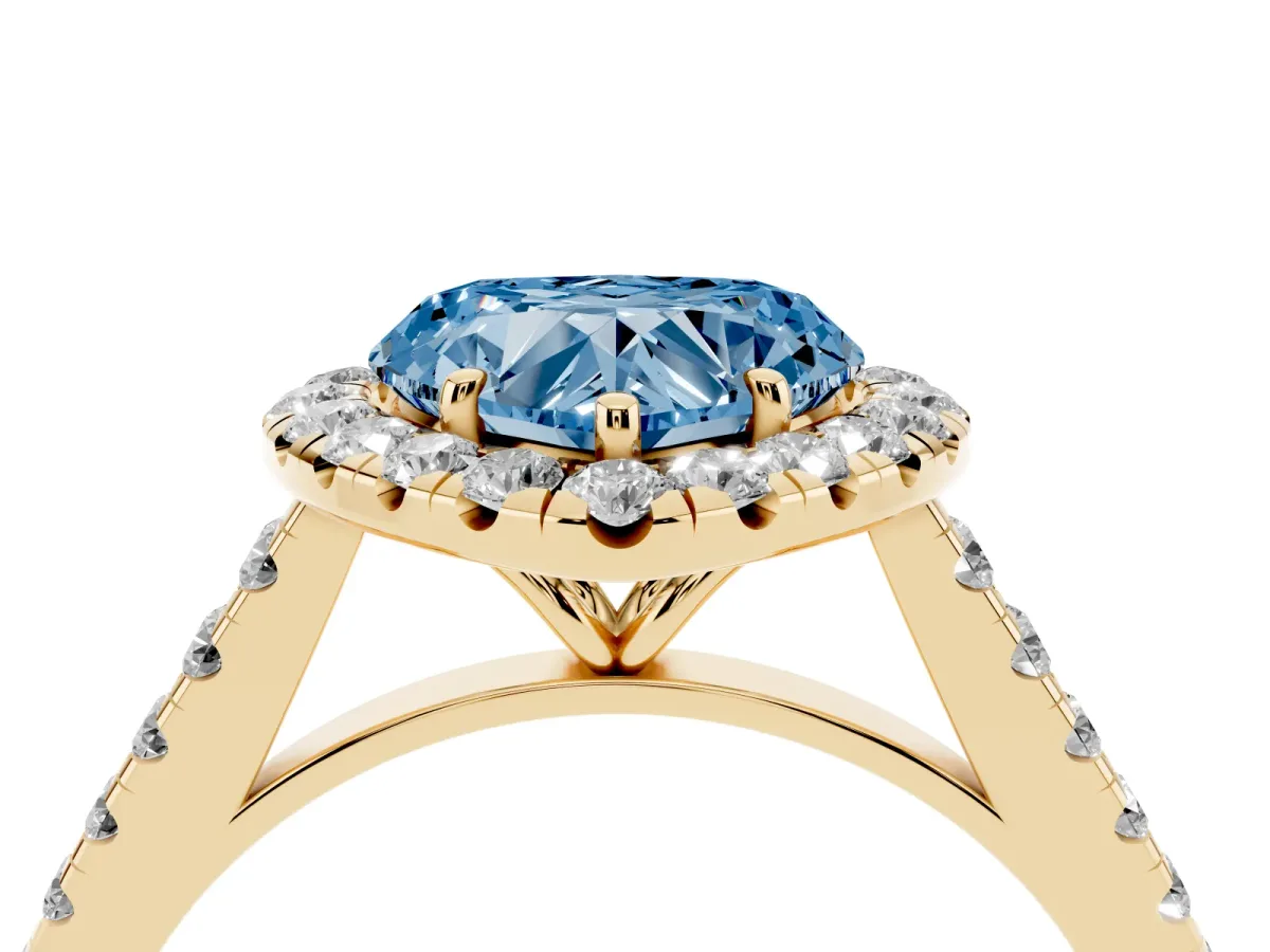 Fancy Blue Heart Cut Halo Pave Diamond Engagement Ring with Four-Prong Setting Yellow gold