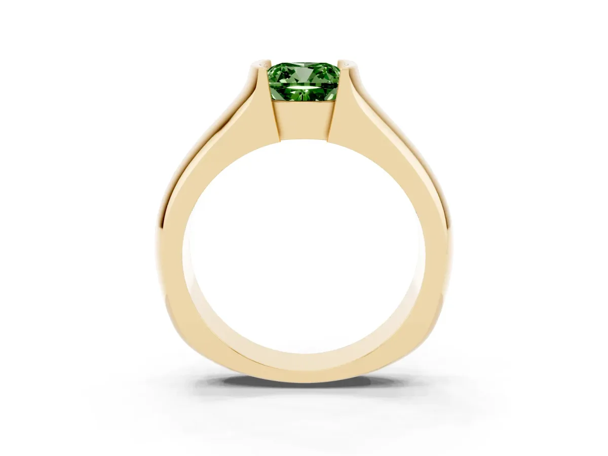 Fancy Green Cushion Cut Solitaire Bezel Set Diamond Ring with Wide Band Yellow gold