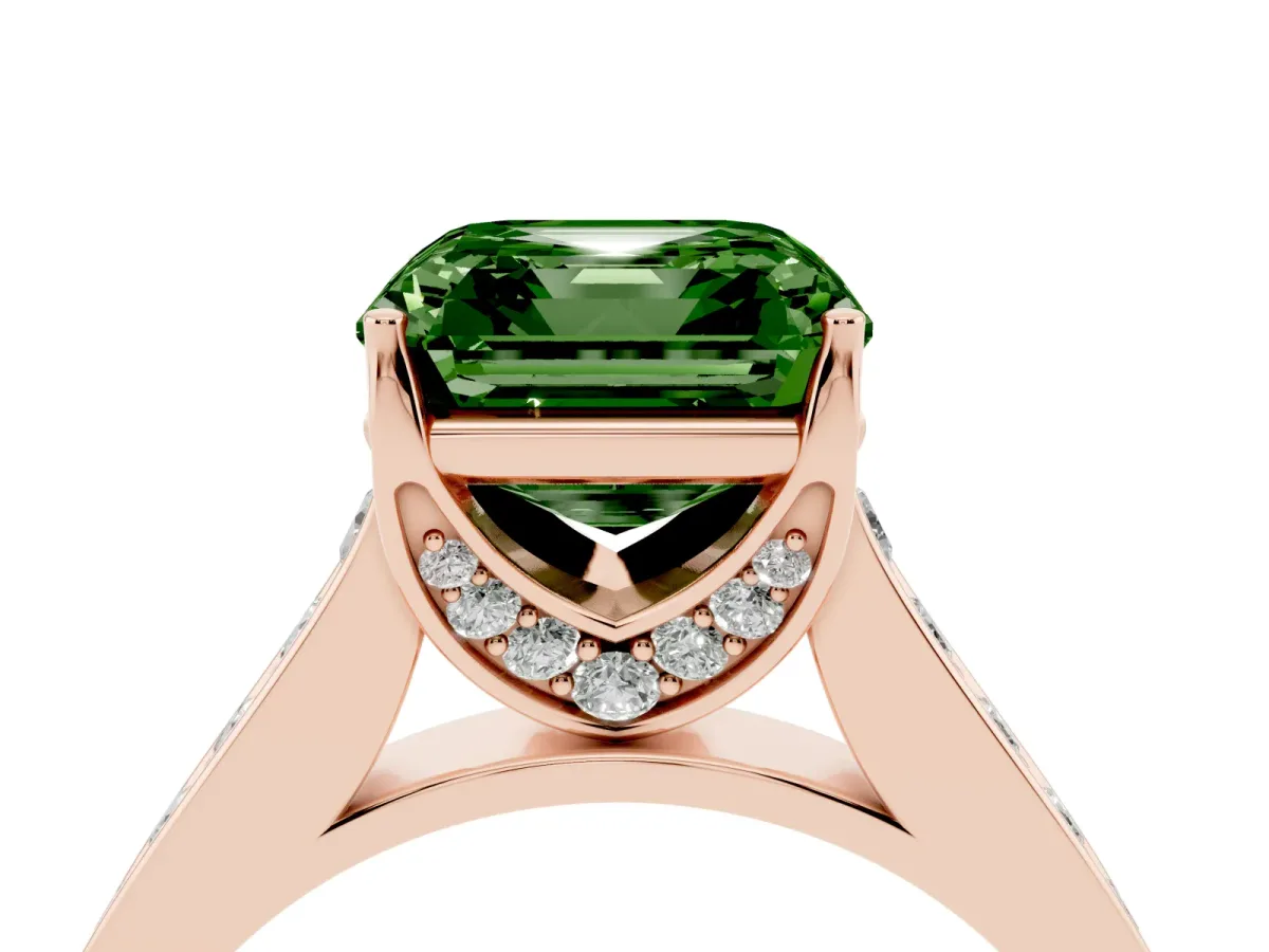 Fancy Green Asscher Cut Brilliant Cut Diamond Engagement Ring with Pavé Band and Four-Prong Setting Rose gold