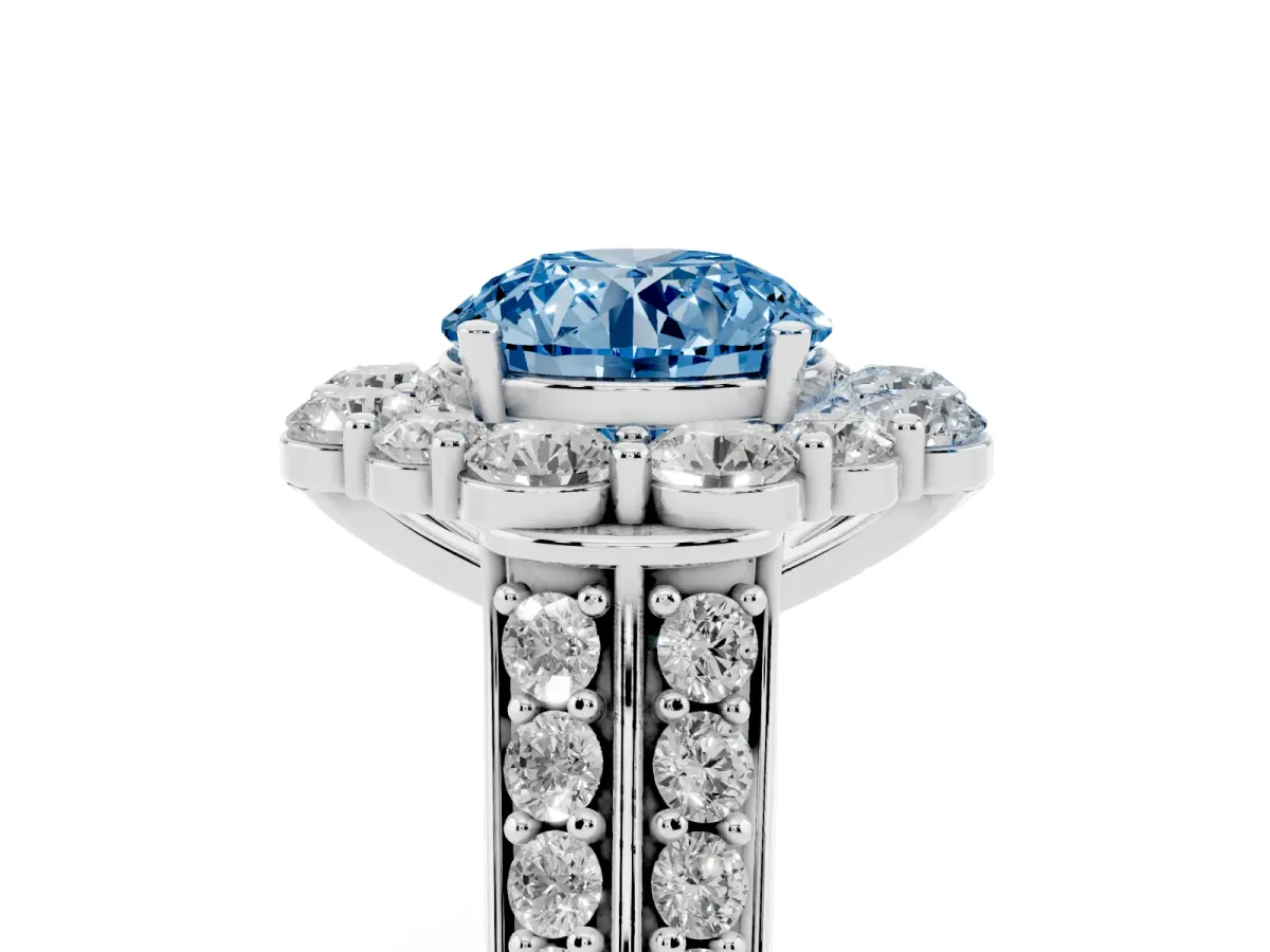 Fancy Blue Round Cut Halo Diamond Engagement Ring with Split Shank and Prong Setting Silver