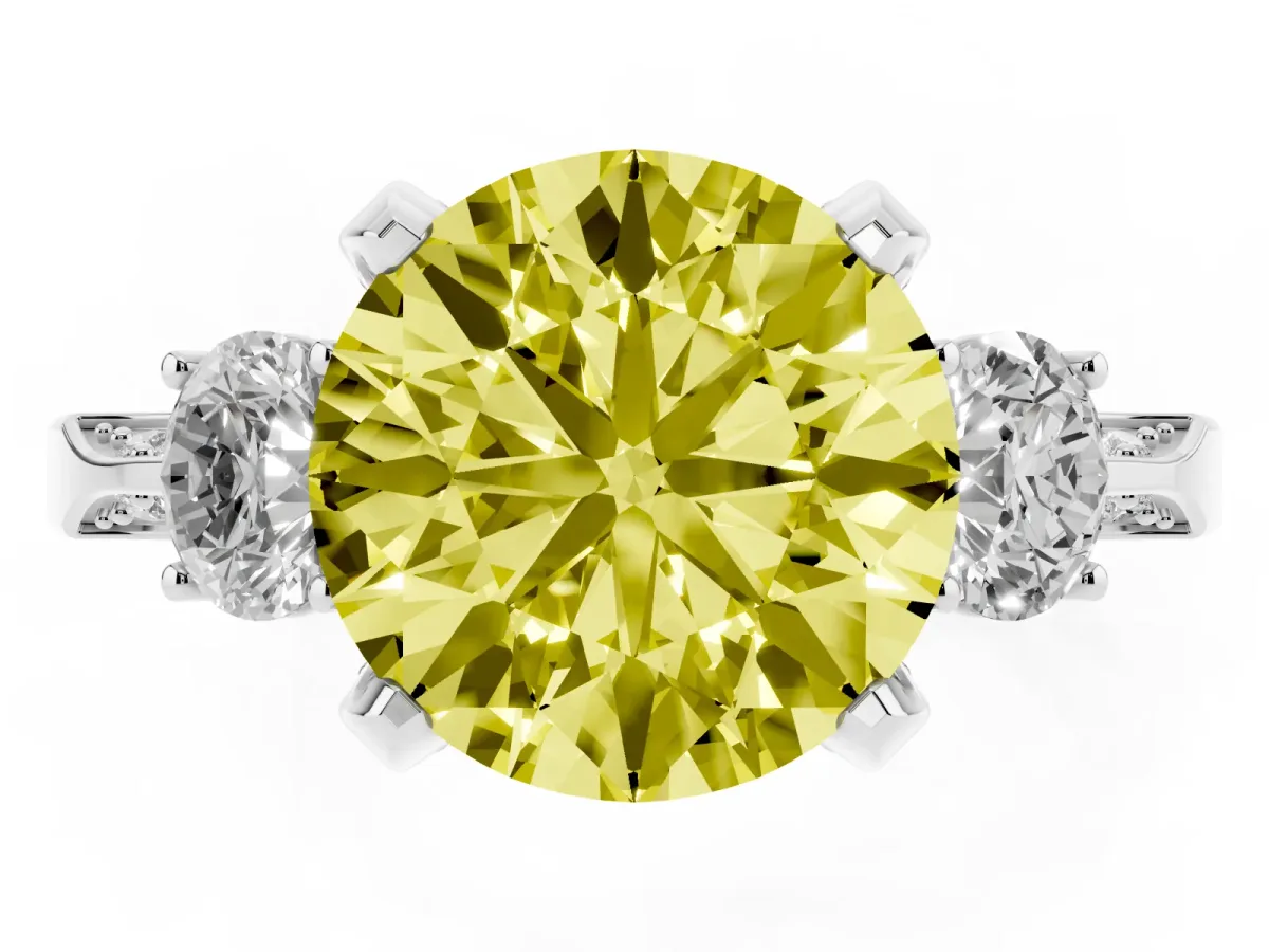 Fancy Yellow Round Cut Brilliant Three-Stone Diamond Ring with Pavé Band and Four-Prong Setting Platinum