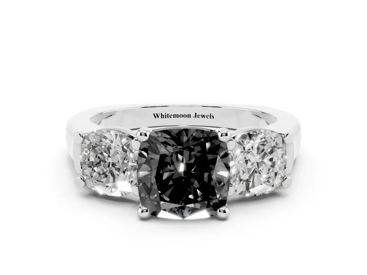 Fancy Black Three-Stone Cushion Cut Brilliant Diamond Trellis Ring with Comfort Fit Band Silver