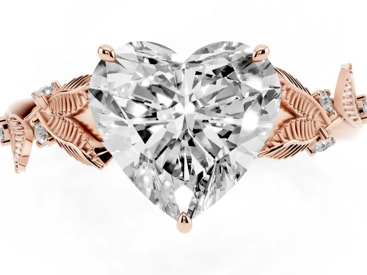 Heart Cut Diamond Solitaire Ring with Leaf Motif Band and Four-Prong Setting Rose gold
