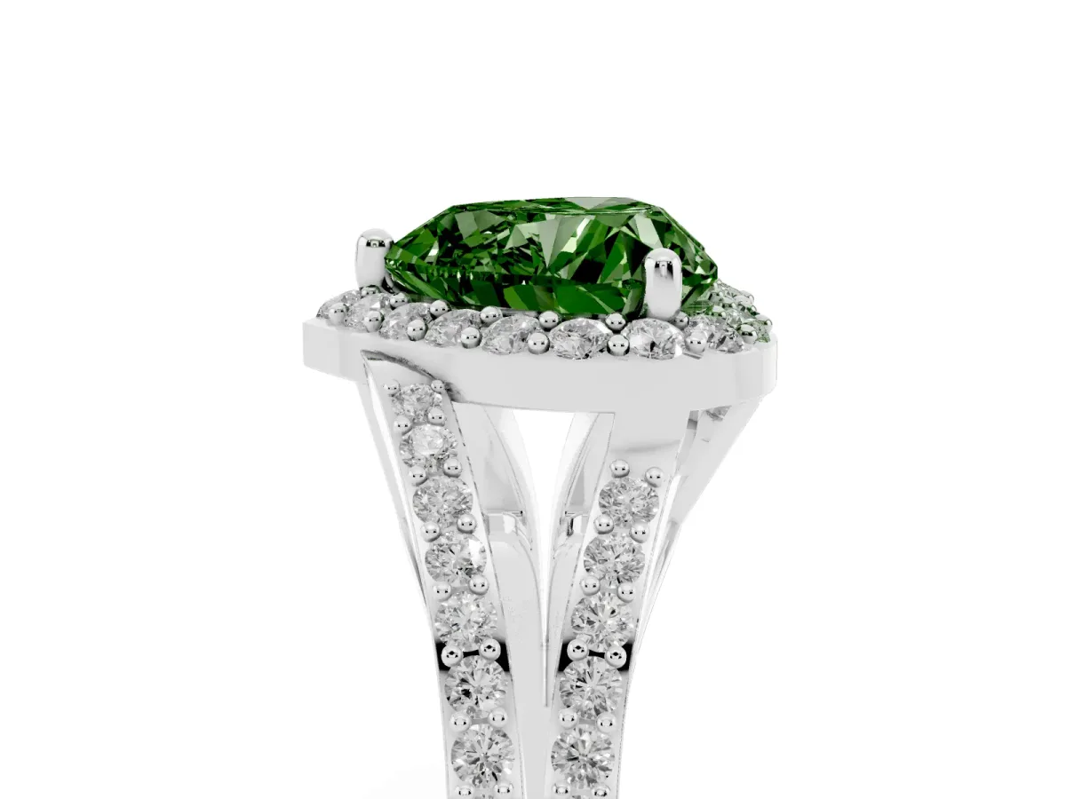 Fancy Green Heart Cut Halo Split Shank Diamond Ring with Prong Setting White gold