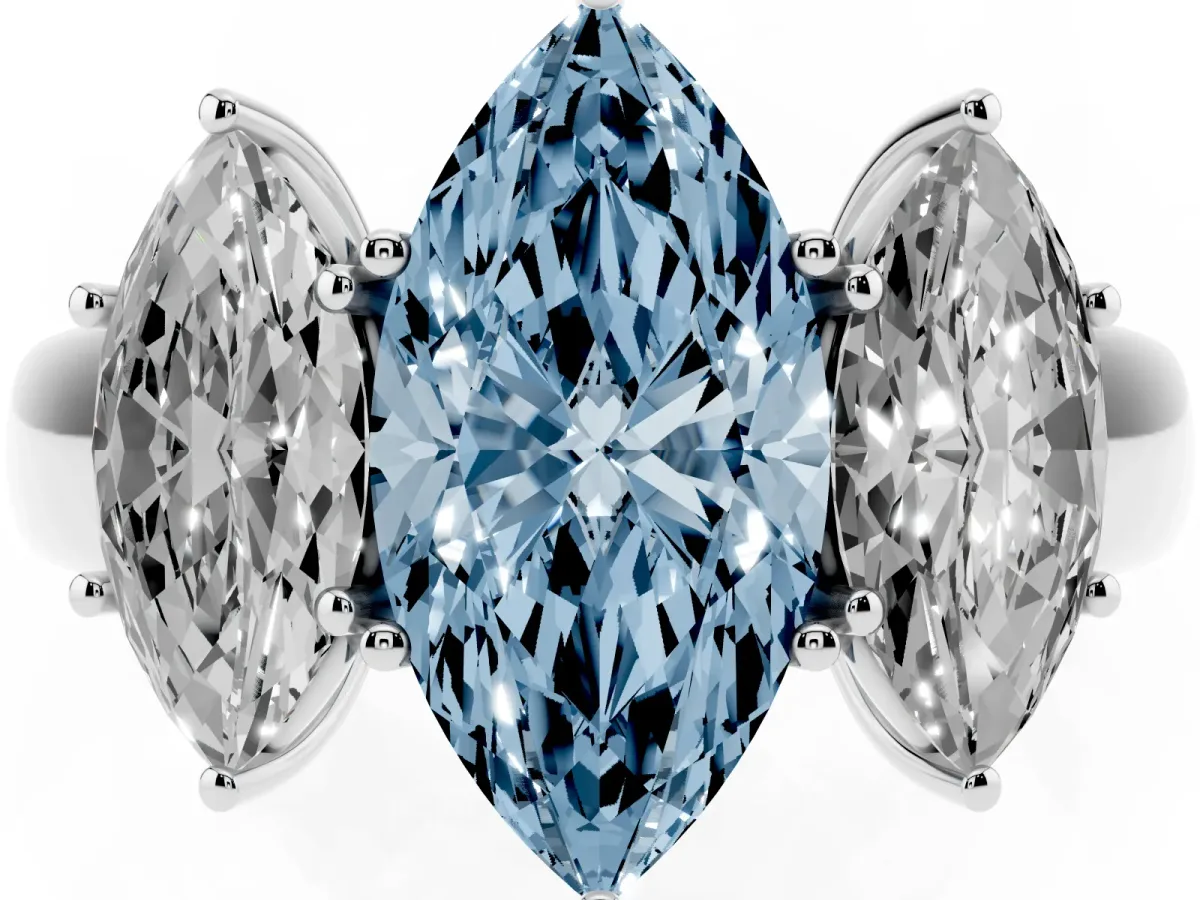 Fancy Blue Three-Stone Marquise Cut Cut Diamond Ring with Prong Setting and Classic Band Silver