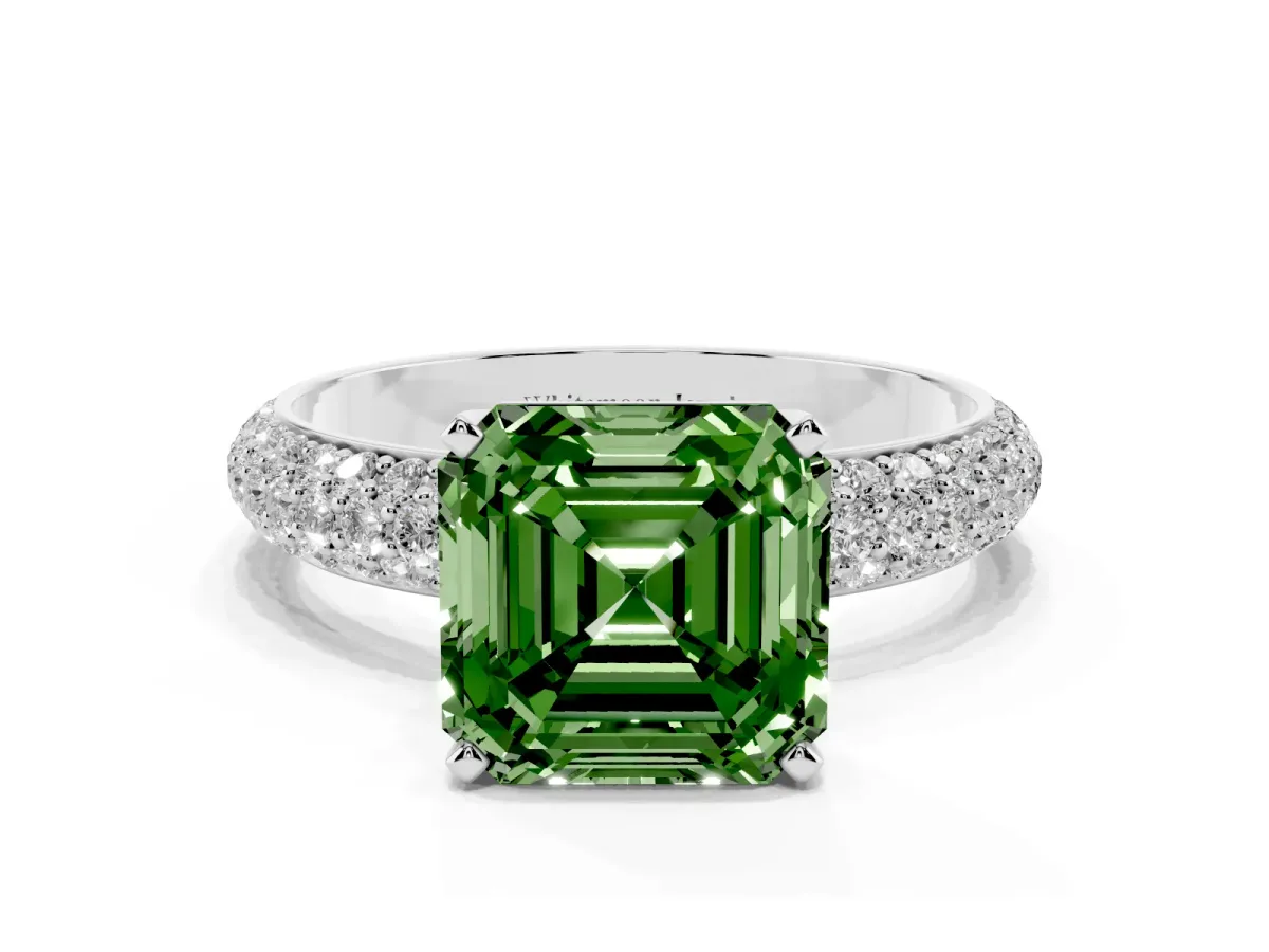 Fancy Green Asscher Cut Diamond Solitaire Ring with Prong Setting and Pavé Band Silver