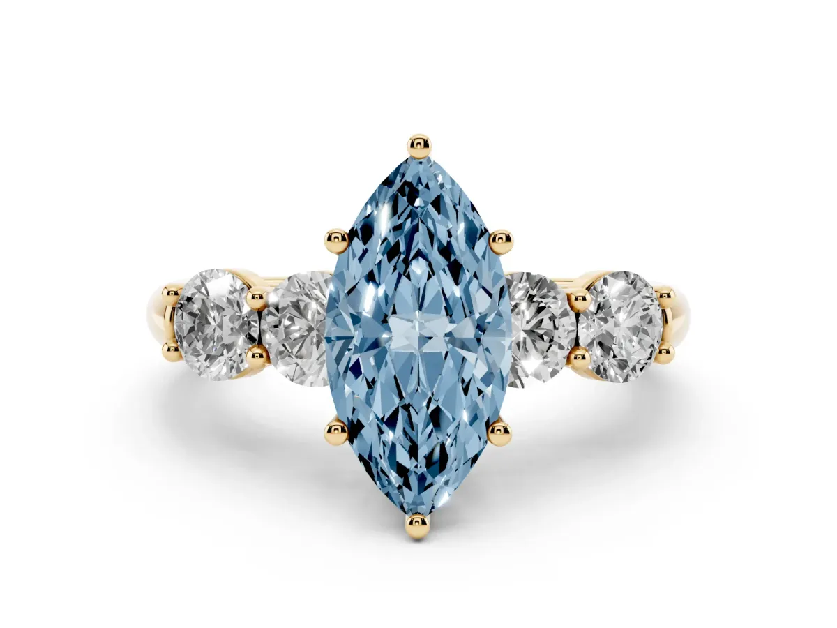 Fancy Blue Marquise Cut Cut Five-Stone Prong Set Diamond Ring with Classic Band Yellow gold