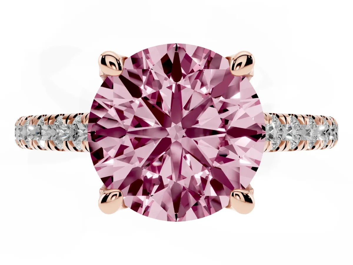 Fancy Pink Round Cut Brilliant Diamond Solitaire with Pavé Band and Four-Prong Setting Rose gold