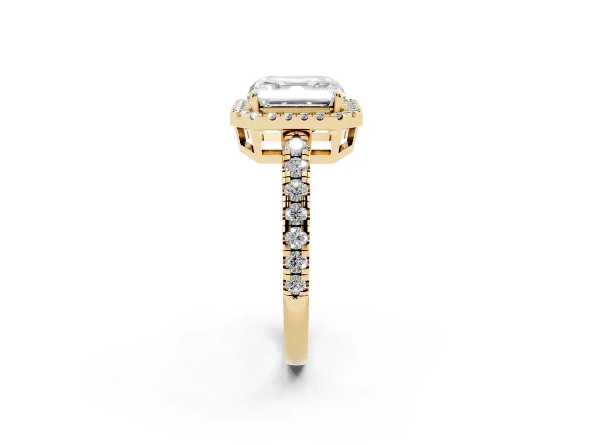 Asscher Cut Diamond Halo Ring with Pavé Band and Four-Prong Setting Yellow gold