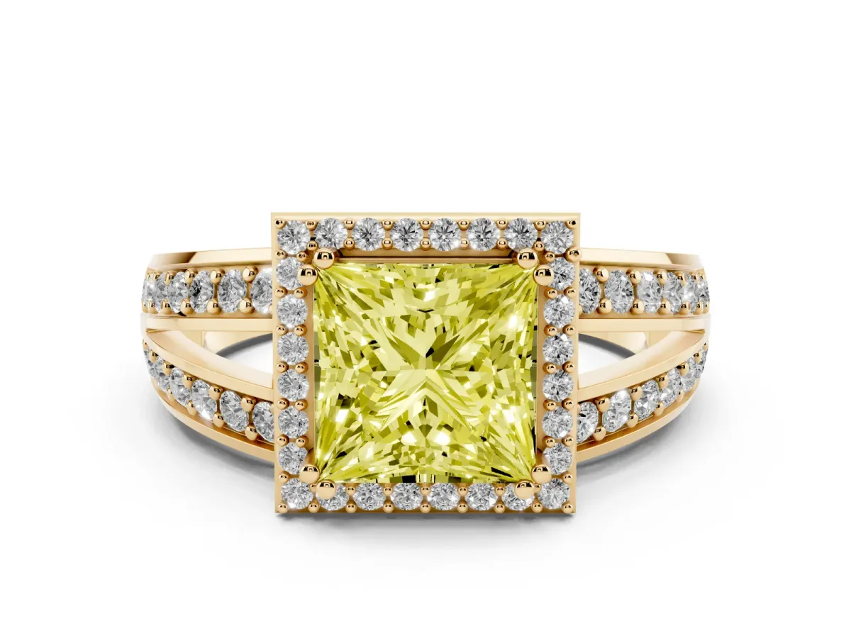 Fancy Yellow Princess Cut Diamond Halo Ring with Split Shank Pavé Band and Four-Prong Setting Yellow gold