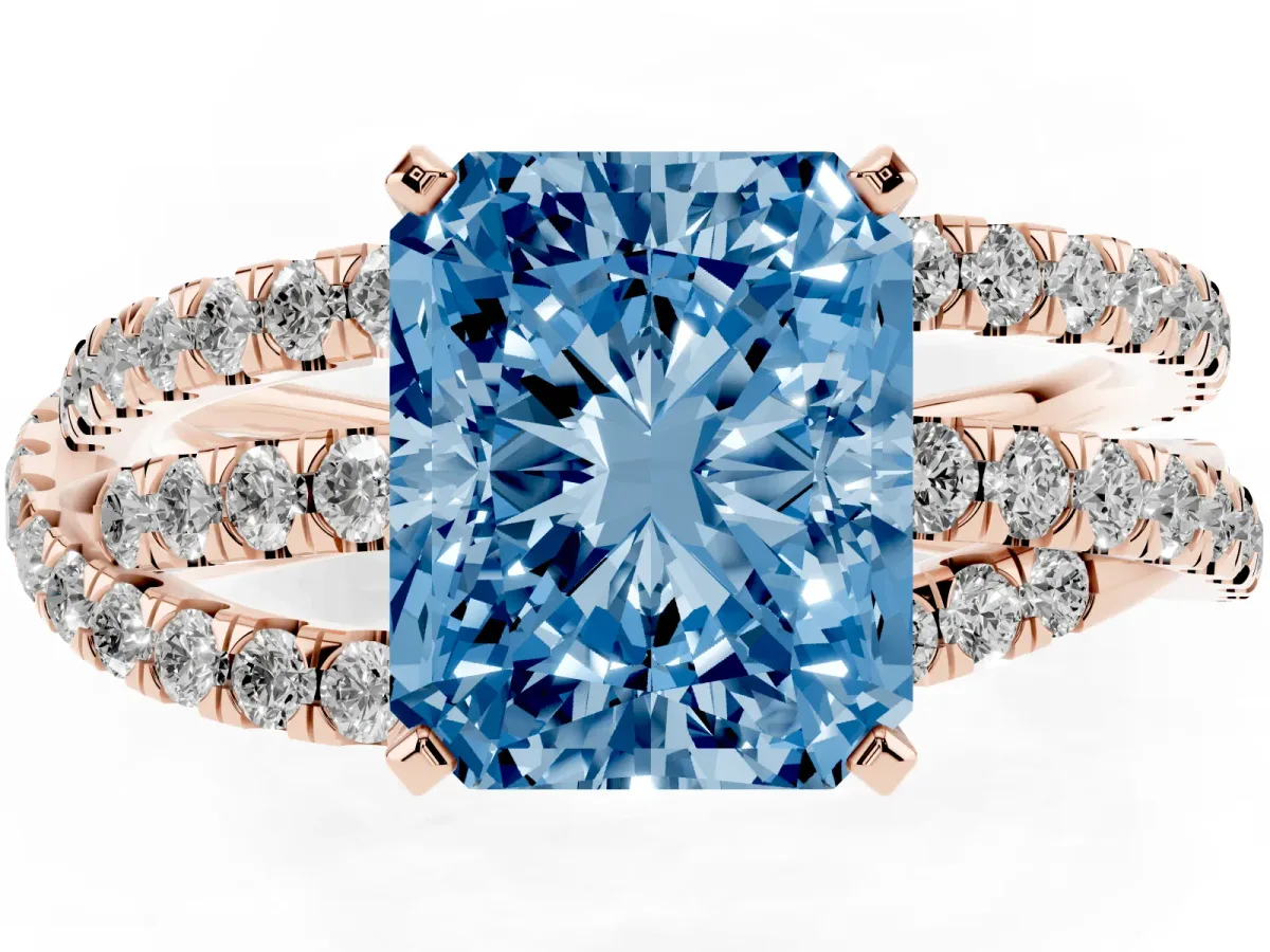 Fancy Blue Radiant Cut Solitaire Twist Band with Pavé Setting and Four-Prong Setting Rose gold