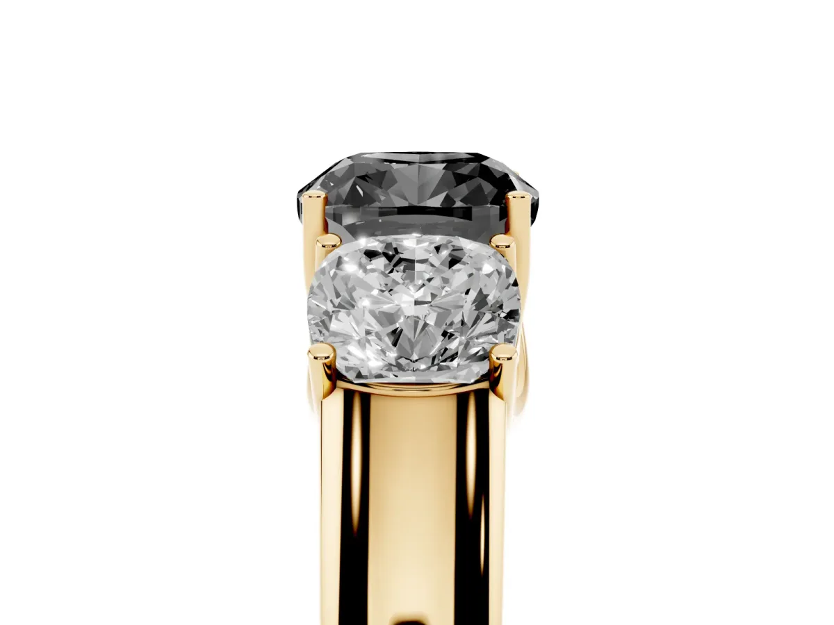 Fancy Black Three-Stone Cushion Cut Cut Diamond Ring with Prong Setting and Classic Band Yellow gold