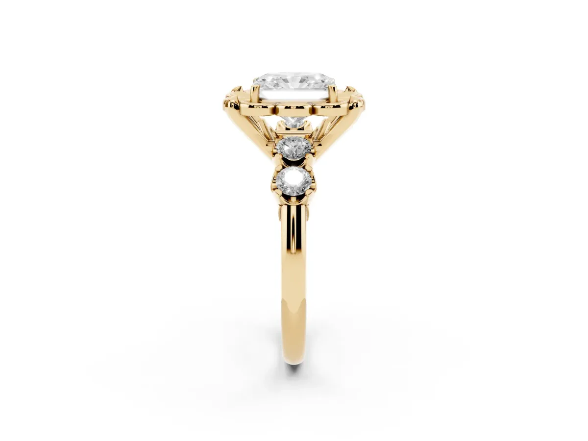 Radiant Cut Cut Diamond Floral Halo Engagement Ring with Shared Prong Setting Yellow gold