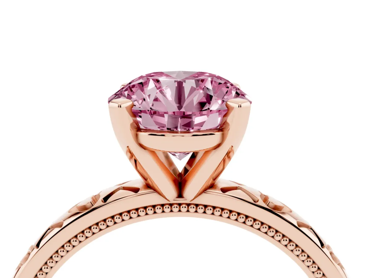 Fancy Pink Round Cut Solitaire Diamond Engagement Ring with XO Engraved Band and Four-Prong Setting Rose gold