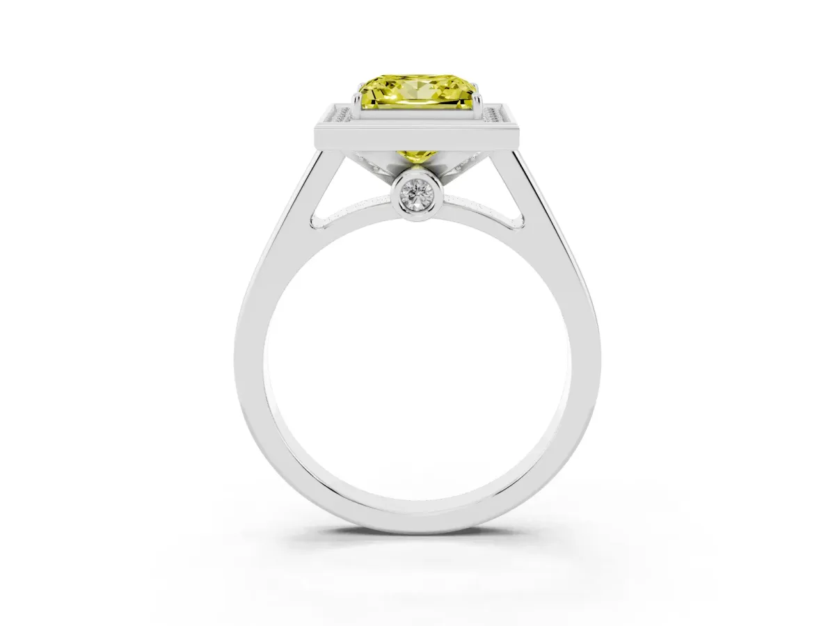 Fancy Yellow Princess Cut Halo Solitaire Diamond Ring with Pave Band and Bezel Setting Platinum