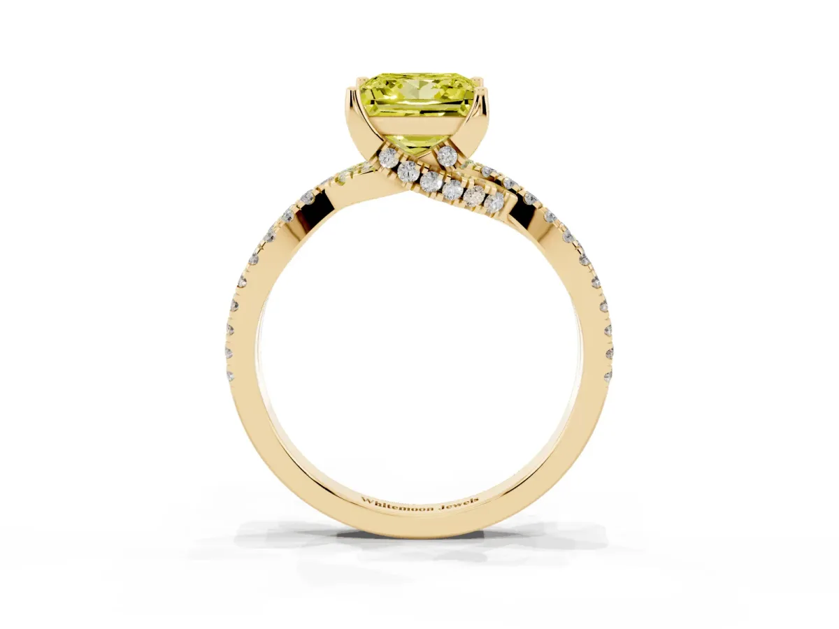 Fancy Yellow Princess Cut Solitaire Twist Pave Diamond Engagement Ring with Prong Setting Yellow gold