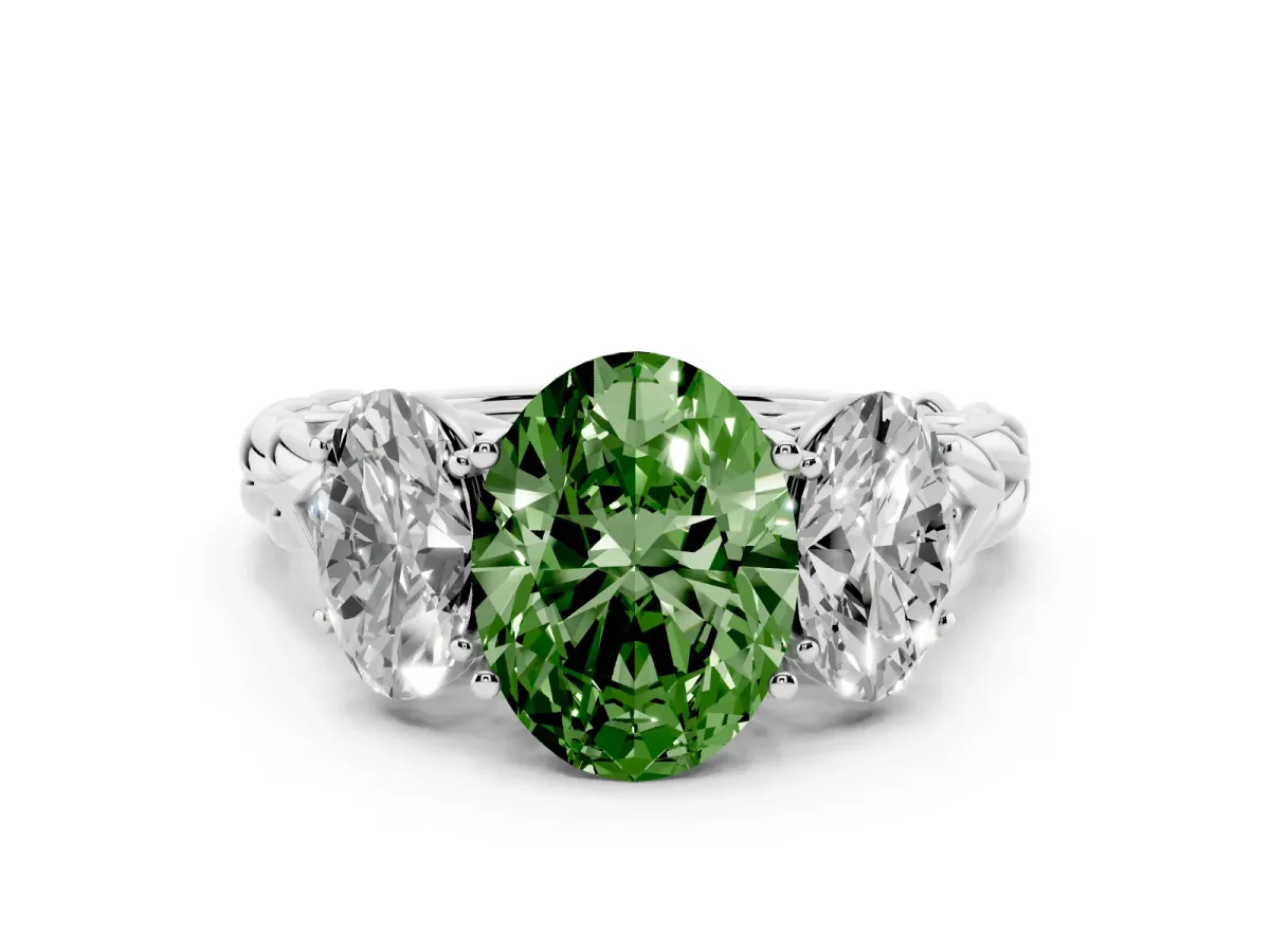 Fancy Green Three-Stone Oval Cut Diamond Braided Band Ring with Four-Prong Setting Silver