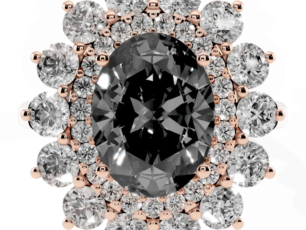 Fancy Black Oval Cut Diamond Floral Double Halo Engagement Ring with Prong Setting Rose gold