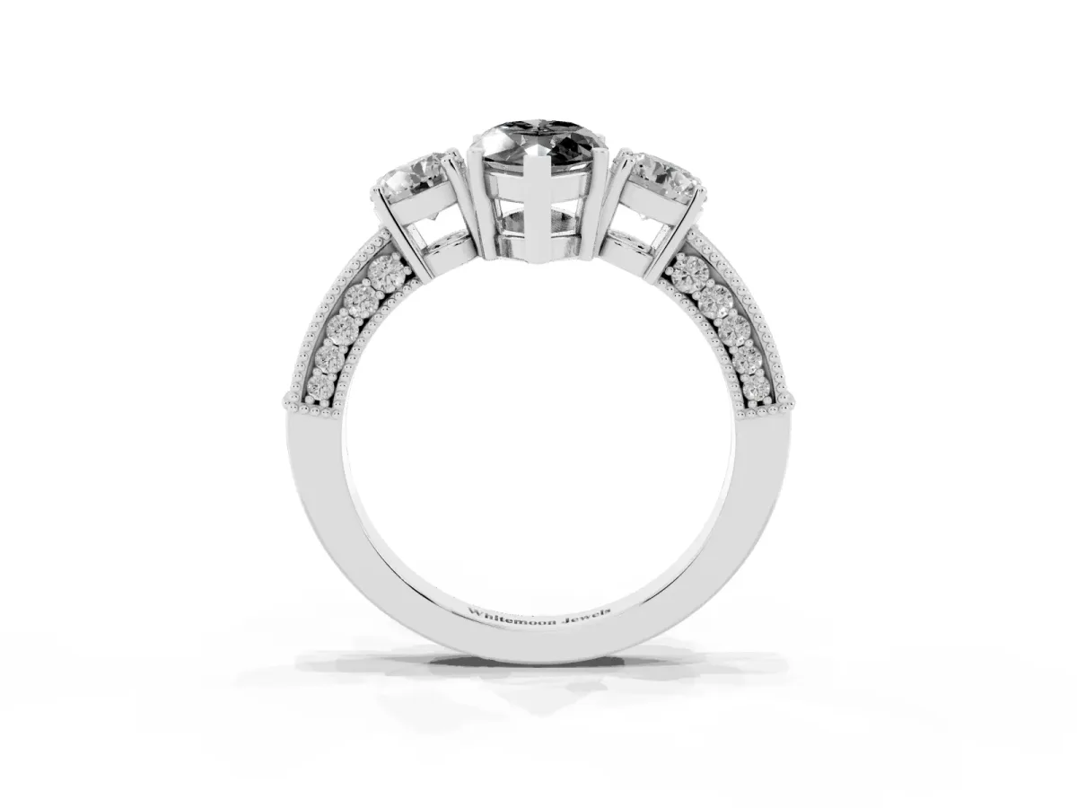 Fancy Black Marquise Cut Three-Stone Diamond Ring with Pavé Band and Four-Prong Setting Silver