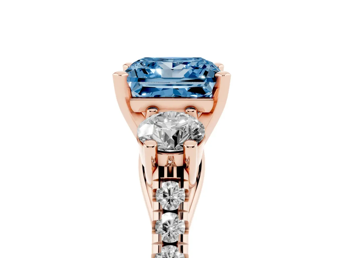 Fancy Blue Three-Stone Princess Cut Diamond Pavé Band with Four-Prong Setting Rose gold