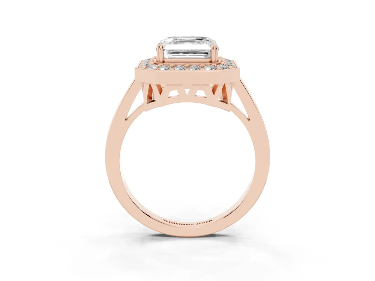 Asscher Cut Diamond Halo Ring with Split Shank and Four-Prong Setting Rose gold