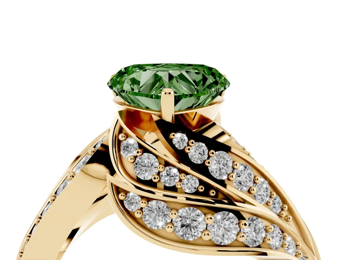 Fancy Green Heart Cut Diamond Solitaire Ring with Prong Setting and Twisted Pavé Band Yellow gold