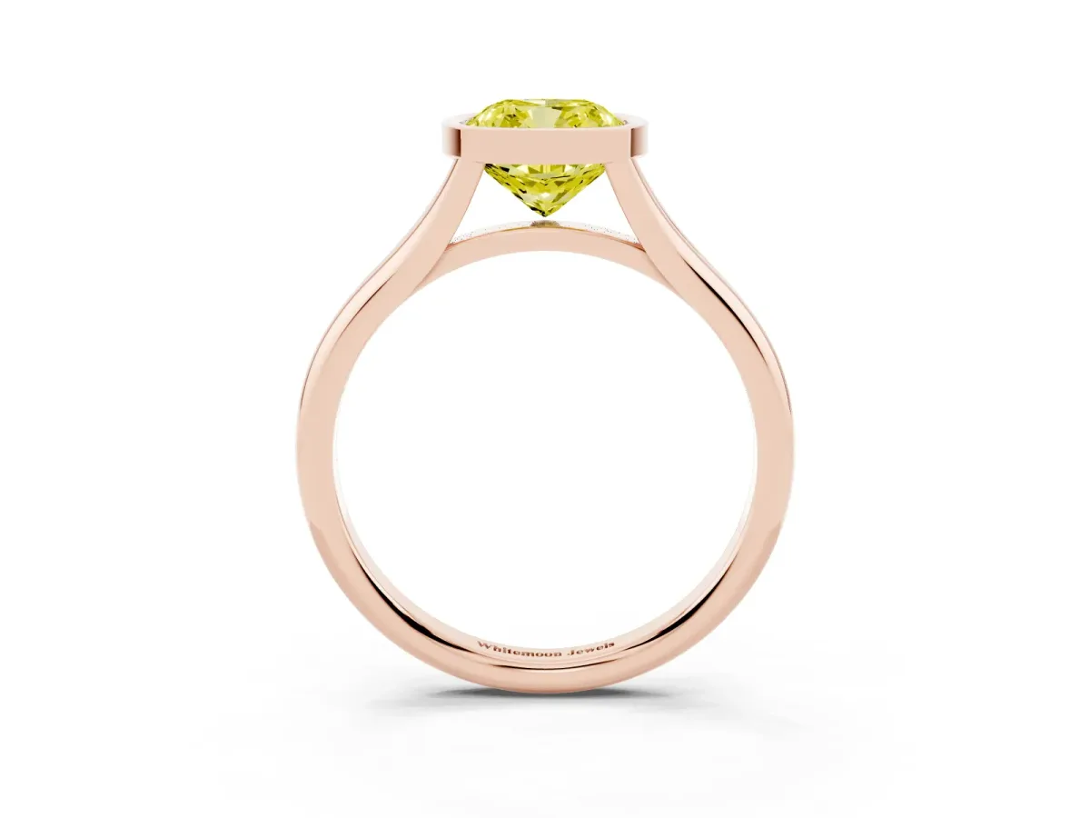 Fancy Yellow Bezel Set Cushion Cut Cut Solitaire Ring with Tapered Band Rose gold