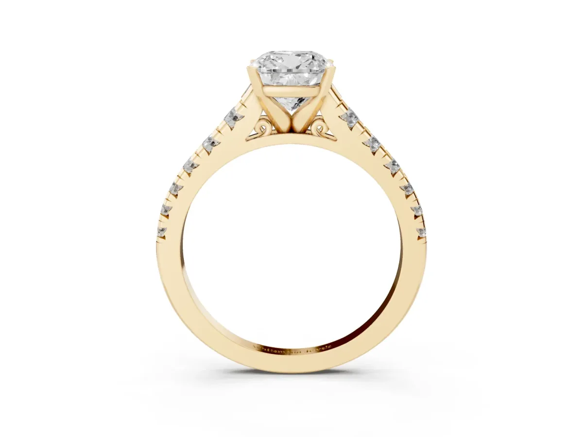 Cushion Cut Diamond Cathedral Solitaire Ring with Round Pavé Band Yellow gold