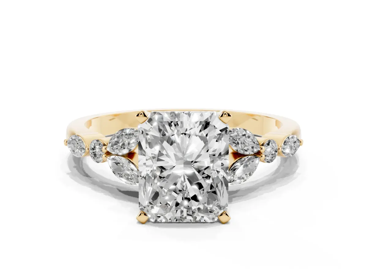 Radiant Cut Diamond Solitaire Ring with Side Stones and Four-Prong Setting Yellow gold