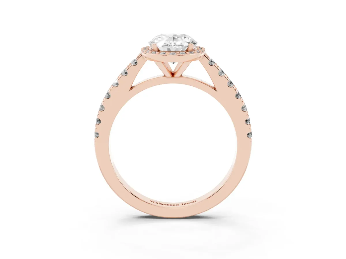 Oval Cut Cut Halo Diamond Engagement Ring with Pave Band and Four-Prong Setting Rose gold
