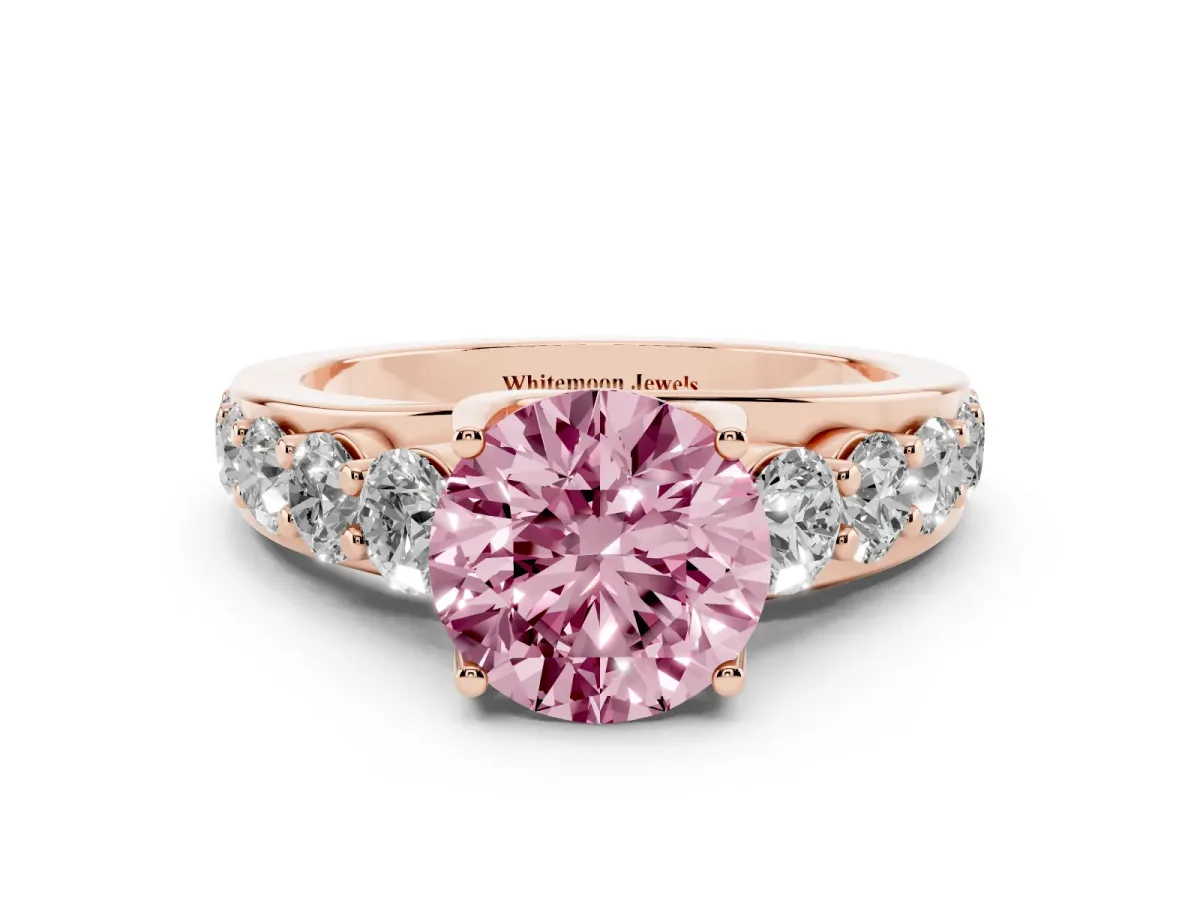 Fancy Pink Round Cut Diamond Engagement Ring with Pavé Band and Four-Prong Setting Rose gold