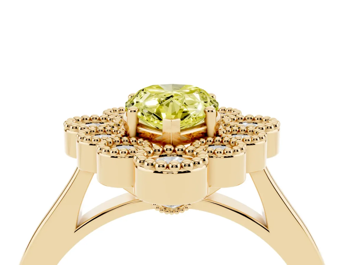 Fancy Yellow Pear Cut Halo Diamond Cluster Engagement Ring with Milgrain Bezel Setting and Solitaire Band Yellow gold