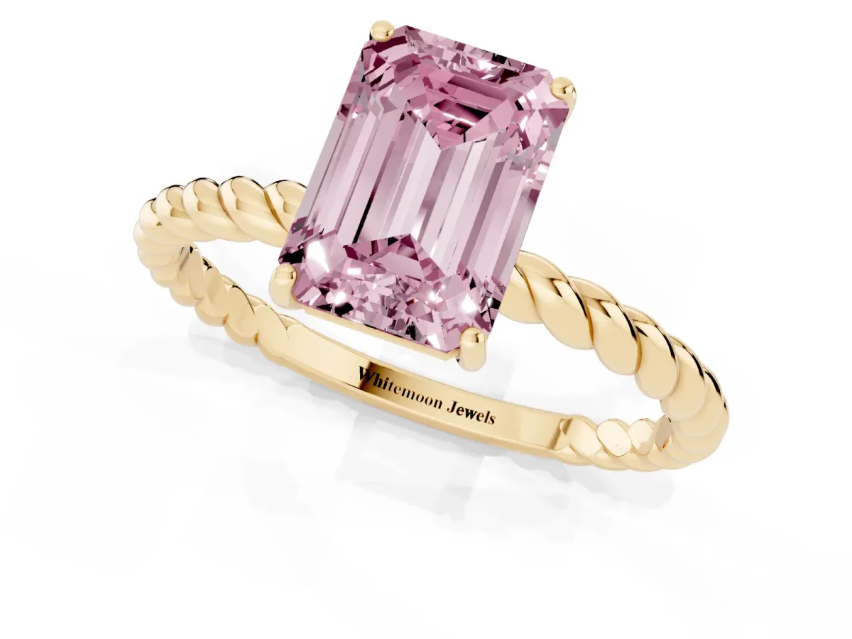 Fancy Pink Emerald Cut Solitaire Twisted Band 4-Prong Ring Yellow gold