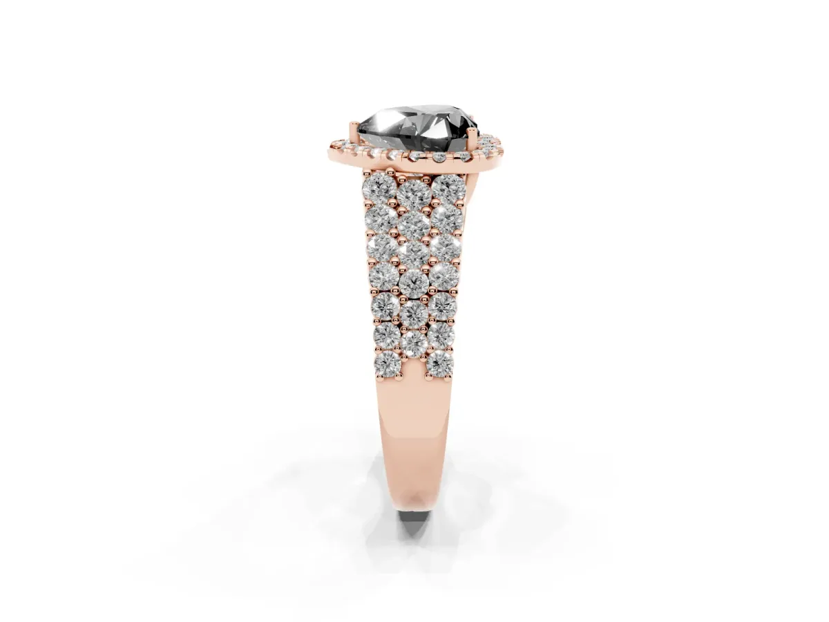 Fancy Black Heart Cut Diamond Halo Engagement Ring with Triple Row Round Pavé Band and Prong Setting Rose gold