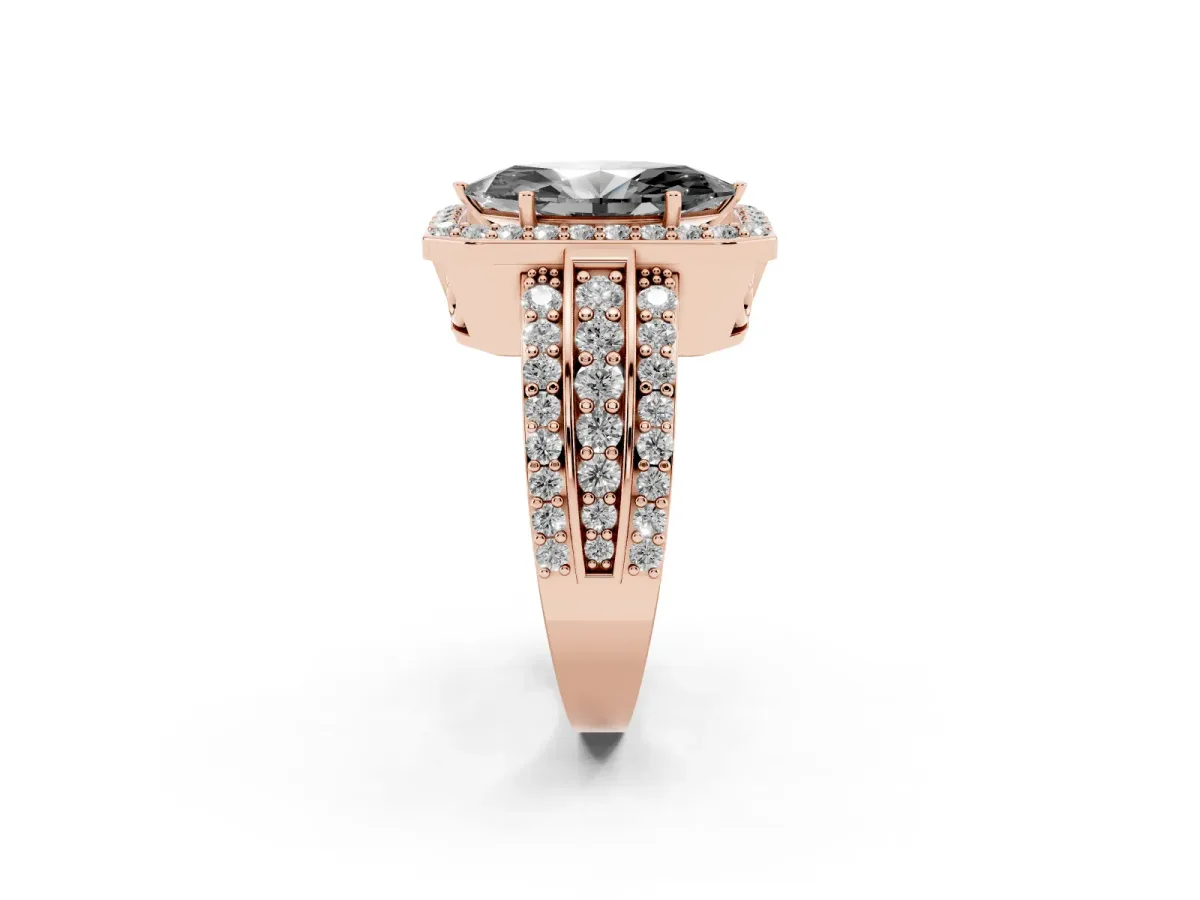 Fancy Black Marquise Cut Halo Diamond Ring with Round Split Shank and Prong Setting Rose gold