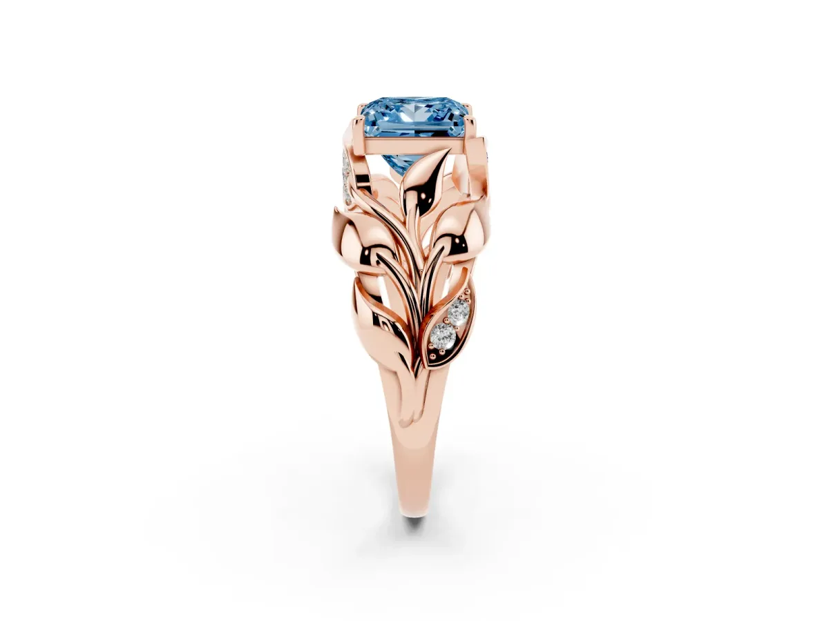 Fancy Blue Princess Cut Diamond Leaf-Inspired Engagement Ring with Round Accents and Prong Setting Rose gold