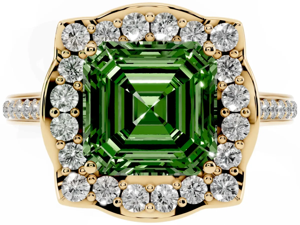 Fancy Green Asscher Cut Halo Round Diamond Pave Band with Four-Prong Setting Yellow gold