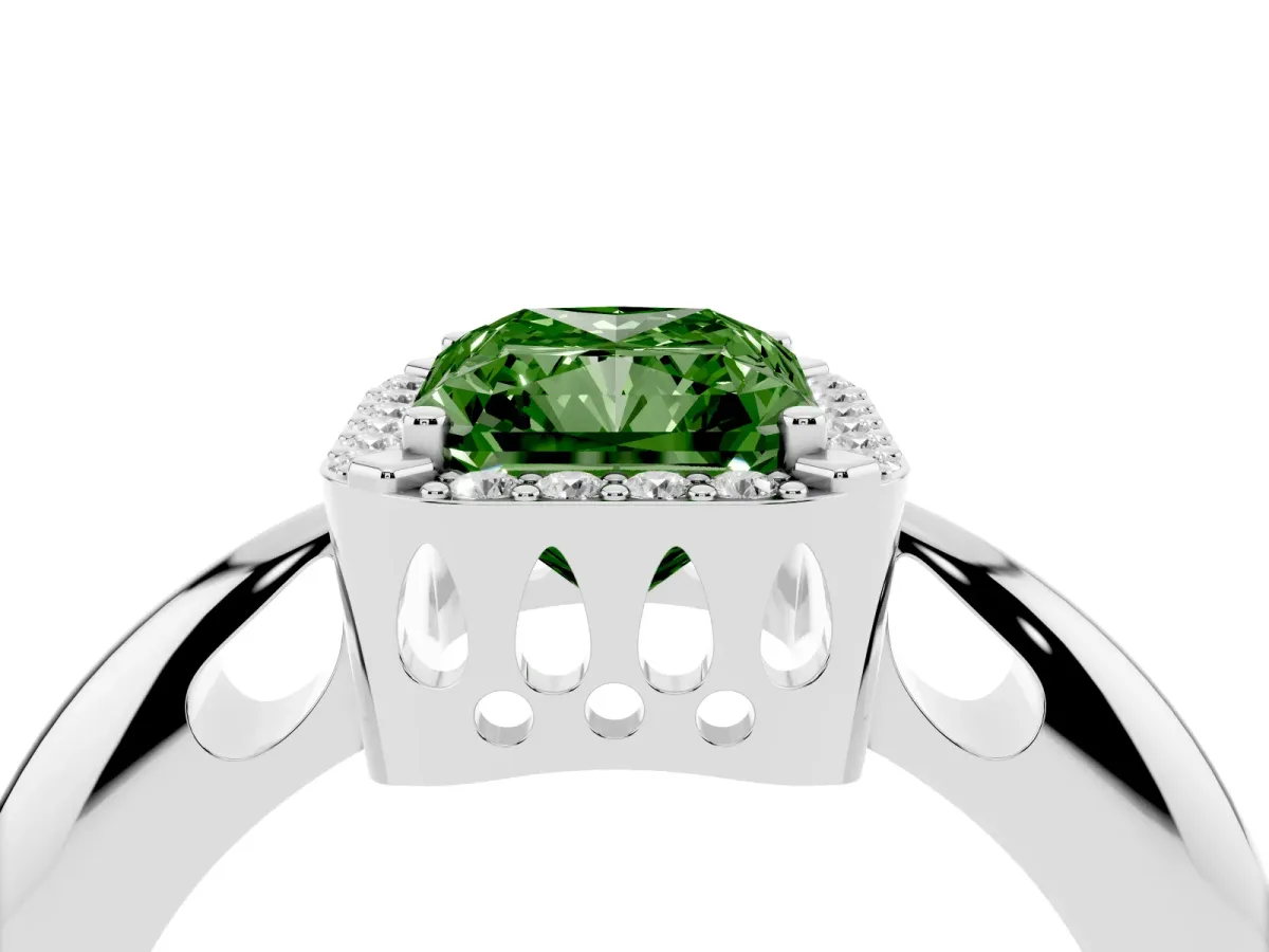 Fancy Green Radiant Cut Cut Diamond Halo Engagement Ring with Split Shank and Four-Prong Setting Silver