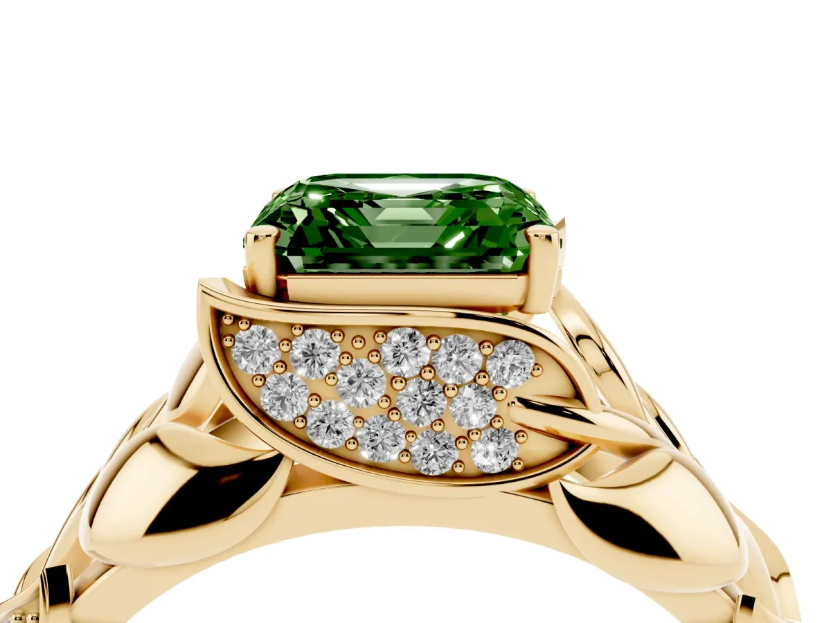Fancy Green Asscher Cut Diamond Leaf-Inspired Engagement Ring with Round Accents and Prong Setting Yellow gold