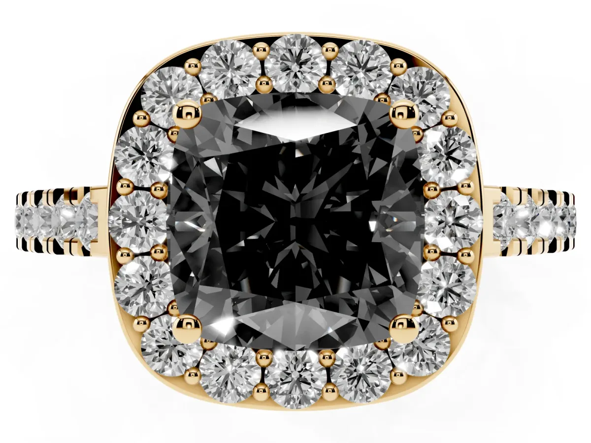 Fancy Black Cushion Cut Diamond Halo Ring with Round Pavé Split Shank and Prong Setting Yellow gold