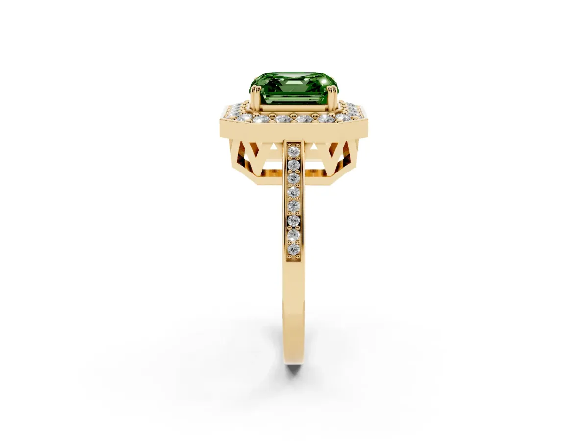 Fancy Green Asscher Cut Diamond Halo Ring with Split Shank and Four-Prong Setting Yellow gold