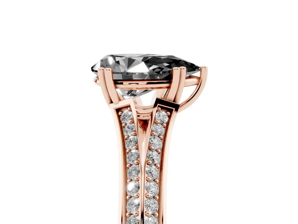 Fancy Black Pear Cut Diamond Split Shank Engagement Ring with Pavé Band Rose gold