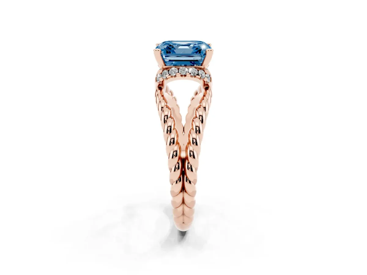 Fancy Blue Asscher Cut Halo Twisted Band Four-Prong Ring Rose gold