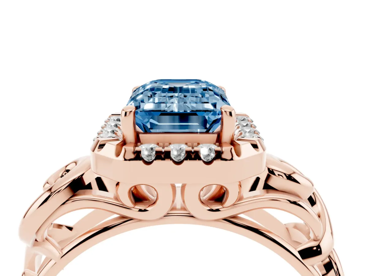Fancy Blue Emerald Cut Cut Halo Diamond Ring with Scrollwork Band and Four-Prong Setting Rose gold
