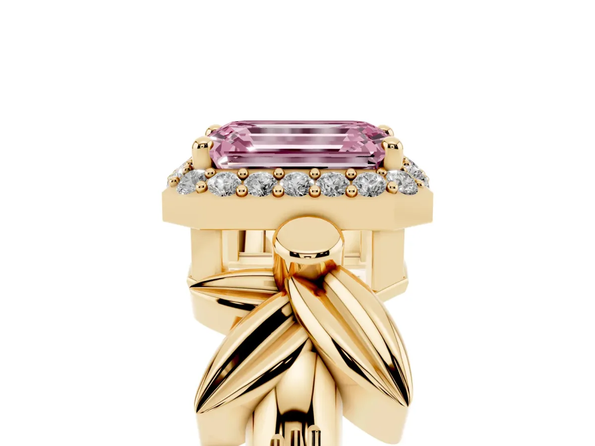 Fancy Pink Emerald Cut Halo Diamond Floral Band with Four-Prong Setting Yellow gold