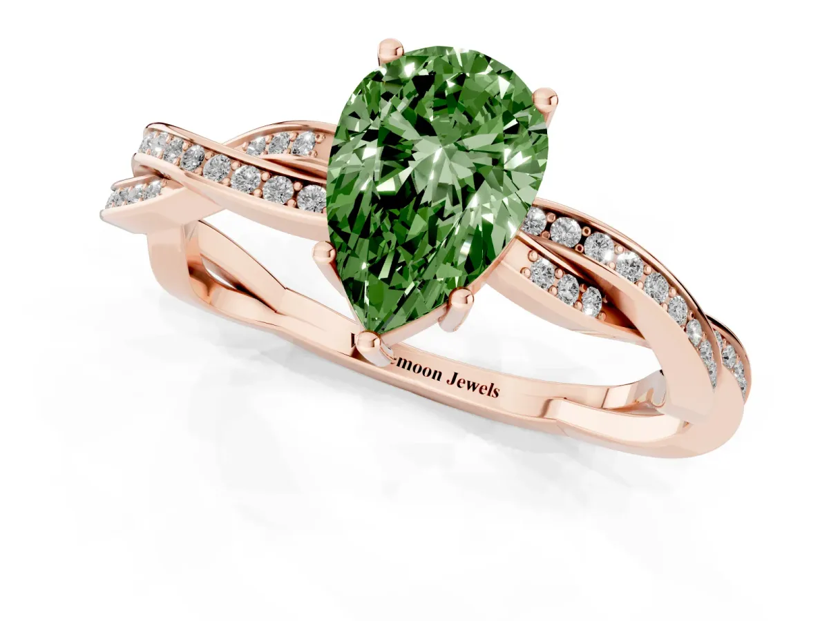 Fancy Green Pear Cut Solitaire Twisted Pave Diamond Ring with Four-Prong Setting Rose gold