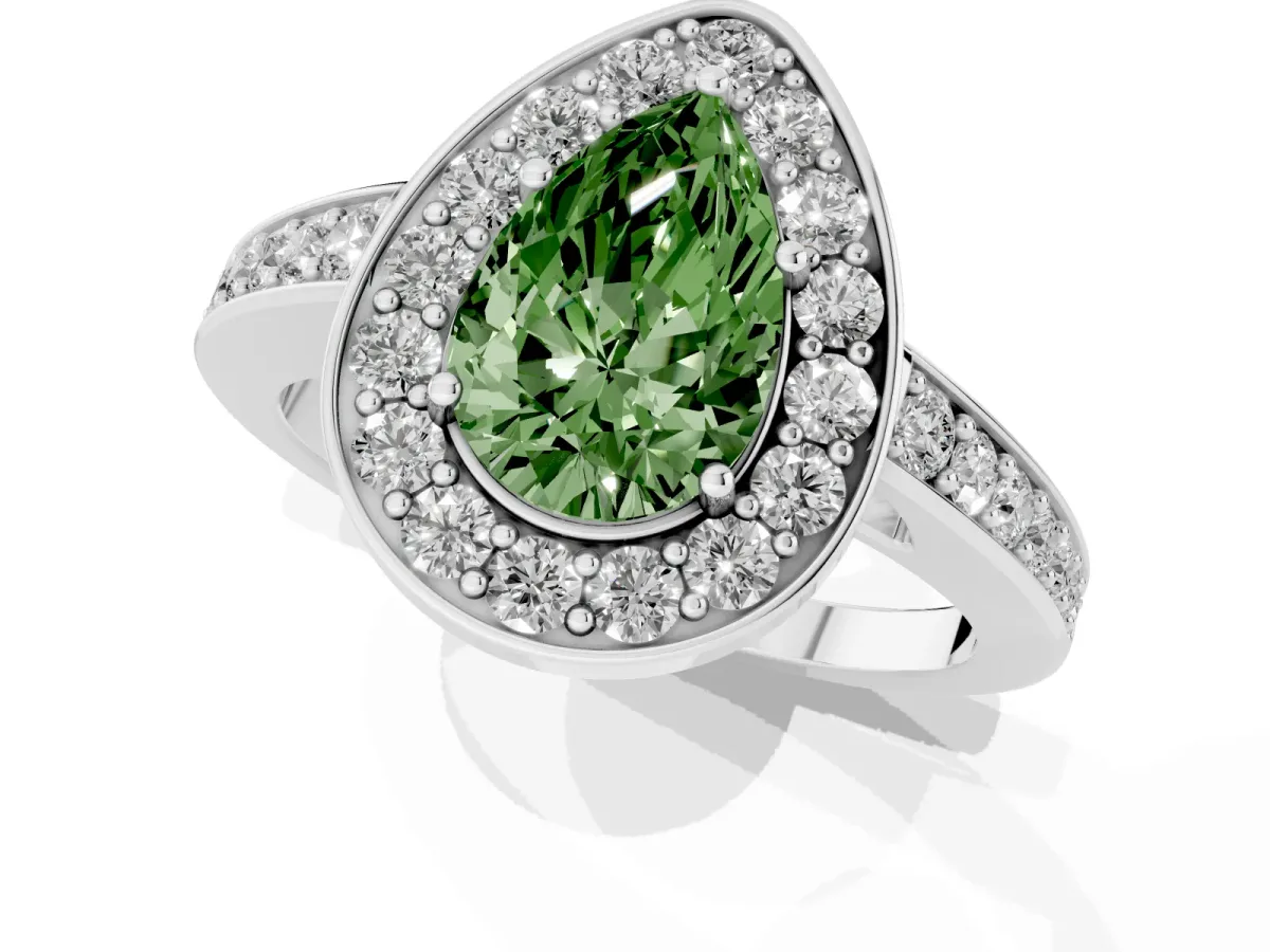 Fancy Green Pear Cut Halo Pavé Diamond Engagement Ring with Bezel Setting Silver