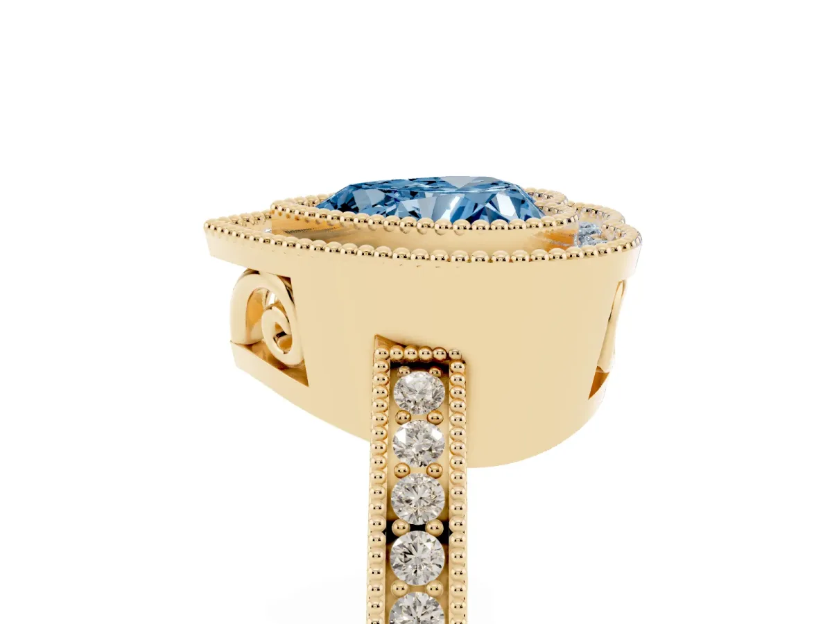Fancy Blue Heart Cut Cut Halo Diamond Ring with Pavé Band and Milgrain Prong Setting Yellow gold
